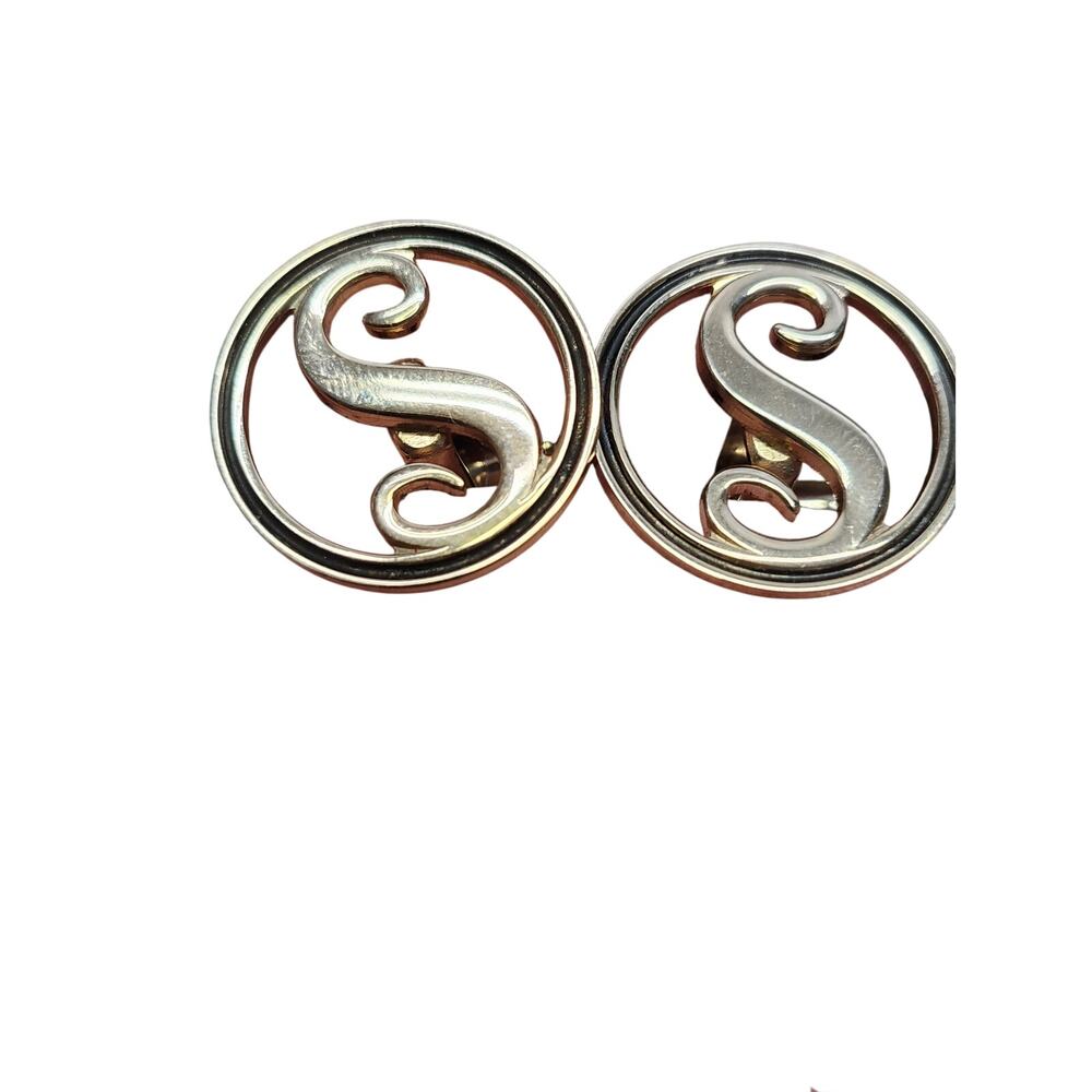 Vintage gold tone black enamel with letter S round cufflinks with box